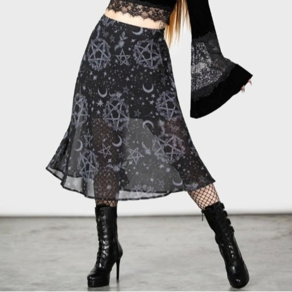 KILLSTAR‎ Skirt Womens S Black Luella Bias Midi Celestial Pentagram Goth Witchy - Picture 2 of 11
